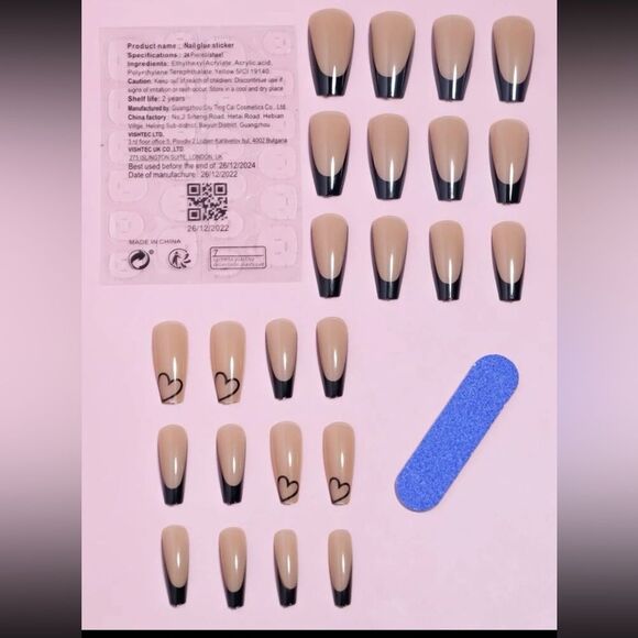 2/$15! Long Coffin Heart Detail Taupe Base Black French Tips Full Coverage - Picture 4 of 5